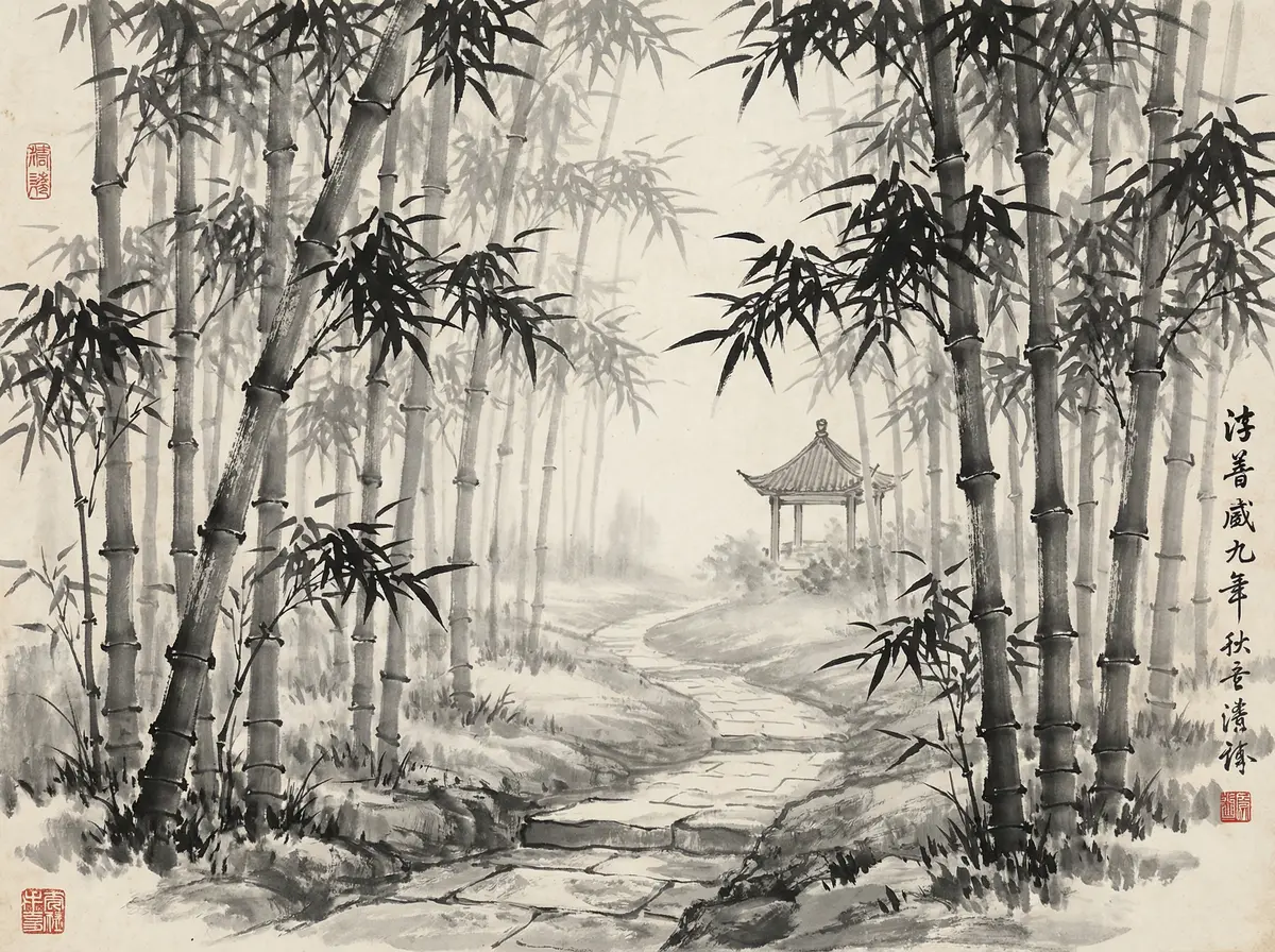 澳门新葡京金沙国际竹林小径水墨画展示宁静禅意