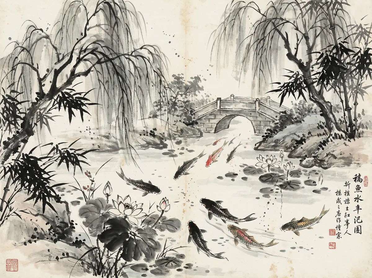 澳门新葡京金沙国际锦鲤池水墨画展示东方园林元素